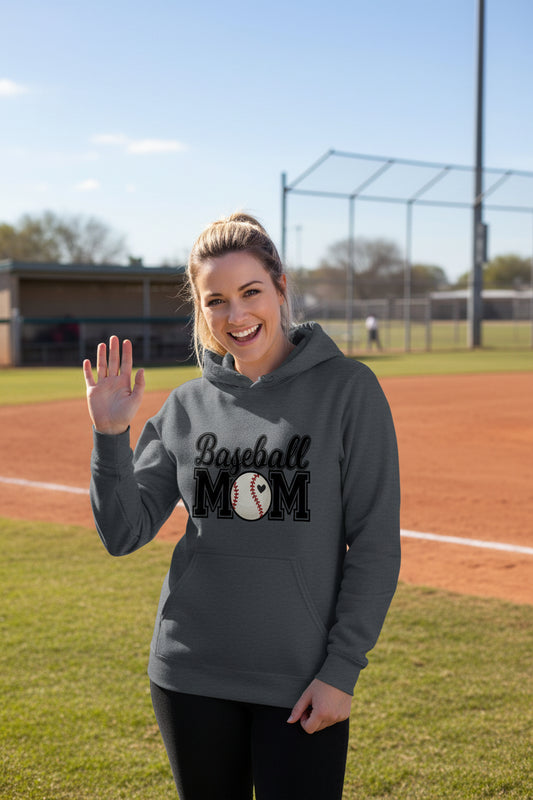 Baseball Mom Hoodie with Heart Ball – Game Day Spirit Style DARK HEATHER - SF500 - FRONT