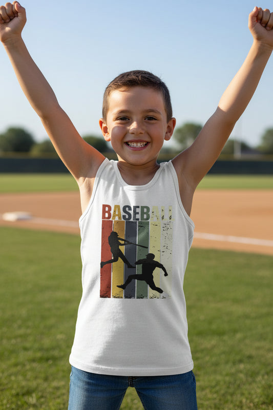 Baseball Player Retro Sunset Tank Top Shirt for Boys Touchdown Athlete Vintage Style Solid White Triblend - 3480YCV - FRONT