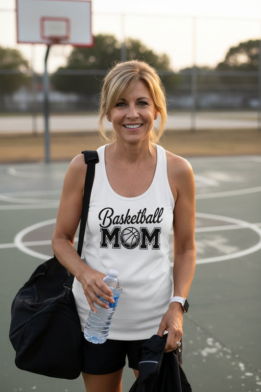 Basketball Mom Script Design with Ball Graphic β Game Day Spirit Style Tank Top White - FRONT
