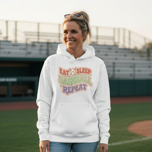 Eat Sleep Baseball Repeat – Colorful Fun Sports Lifestyle Hoodie for Ladies WHITE - FRONT