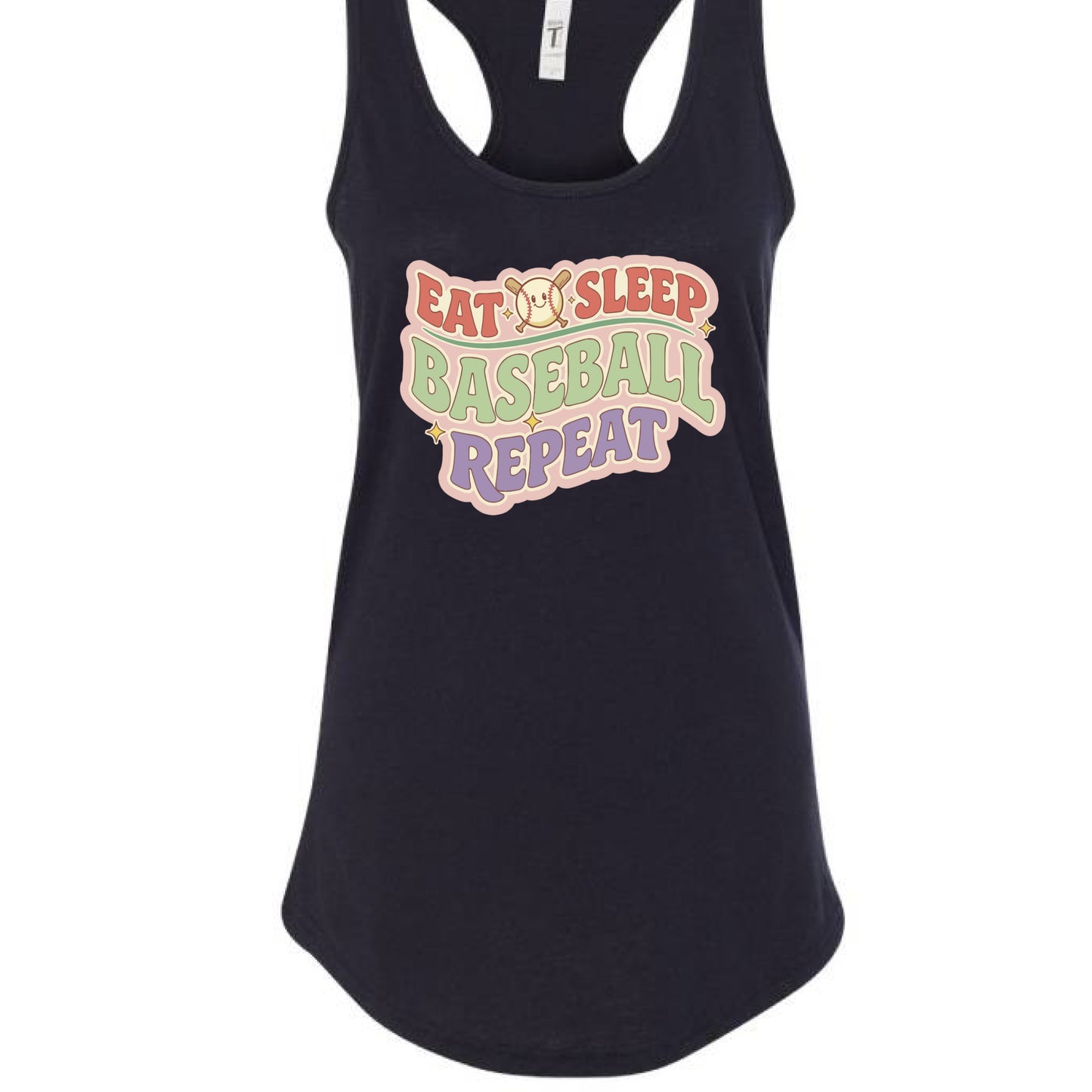 Eat Sleep Baseball Repeat – Colorful Fun Sports Lifestyle Tank Top for Ladies Black - FRONT