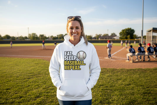 Eat Sleep Baseball Repeat Hoodie for Ladies- Athlete Lifestyle WHITE - FRONT