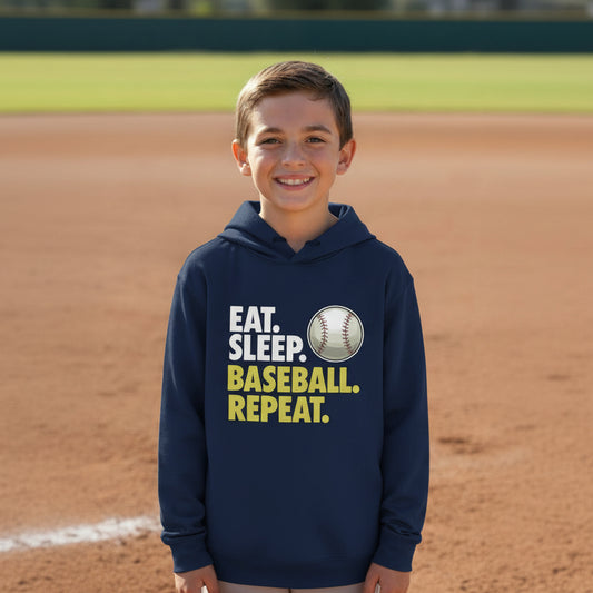 Eat Sleep Baseball Repeat Youth Funny Sports Motivation Hoodie for Kids Athletes True Navy - YST358 - FRONT