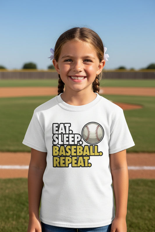 Eat Sleep Baseball Repeat Youth Funny Sports Motivation T-Shirt for Kids Athletes WHITE - G640B - FRONT