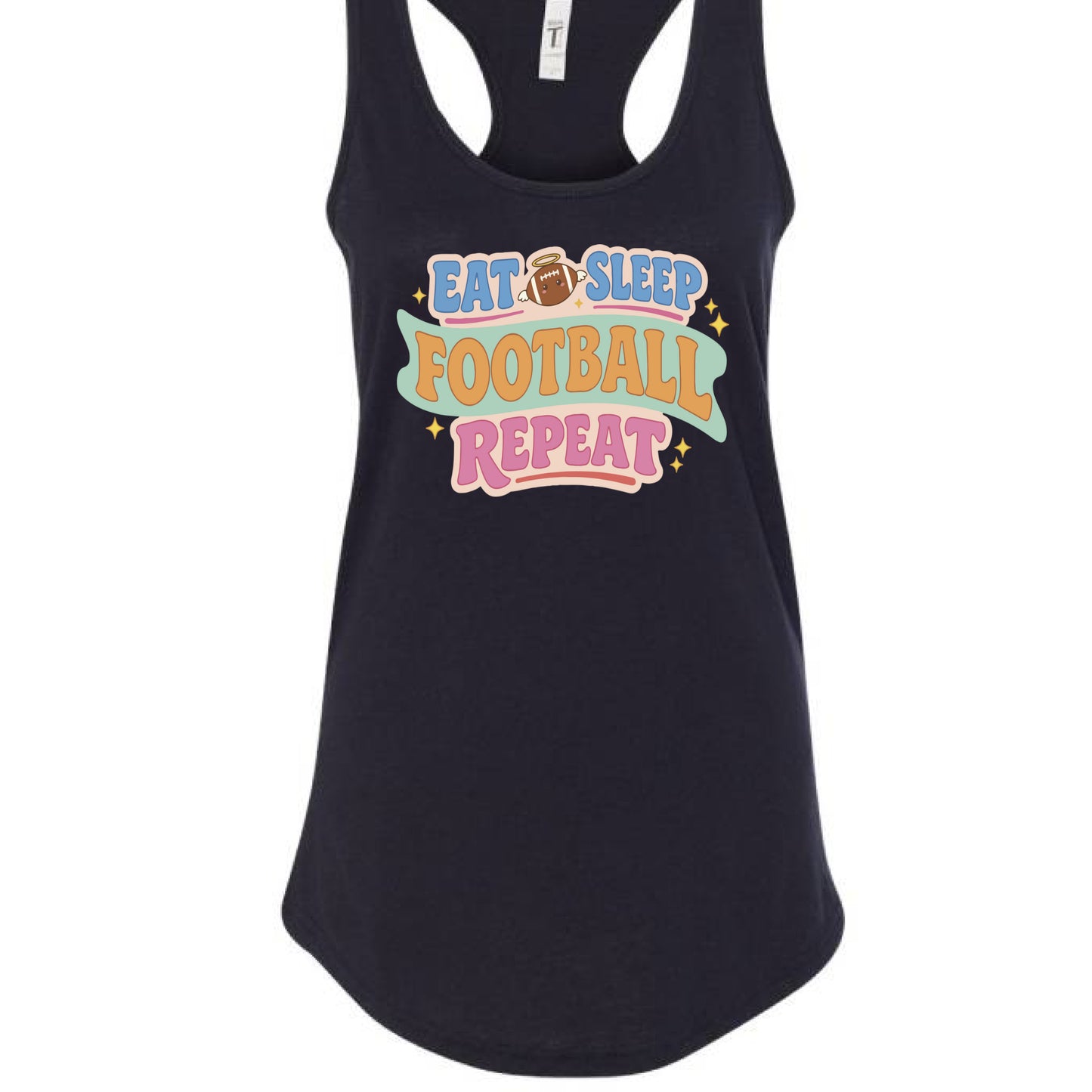 Eat Sleep Football Repeat – Colorful Fun Sports Lifestyle Tank Top for Women Black - FRONT