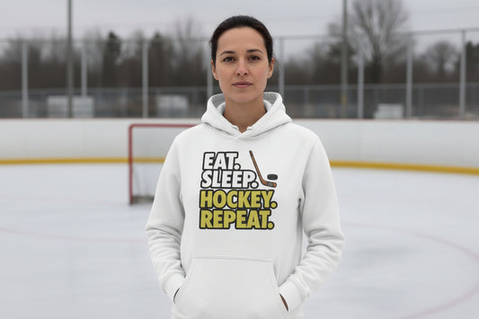 Eat Sleep Hockey Repeat Ladies Hoodie- Athlete Lifestyle WHITE - FRONT