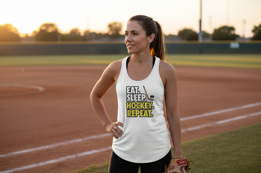 Eat Sleep Hockey Repeat Ladies Tank Top- Athlete Lifestyle White - FRONT