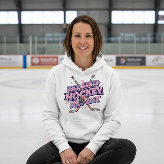 Eat Sleep Hockey Repeat Retro Hoodie for Women β Cute Pink Hockey Lover Sports Design WHITE - FRONT
