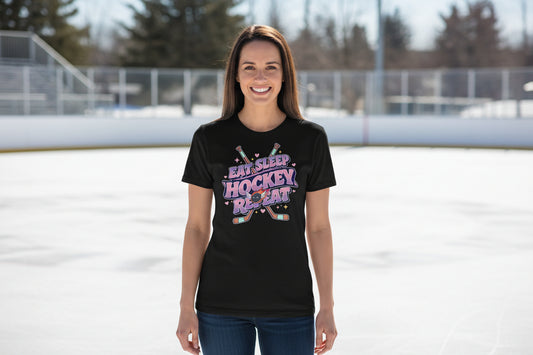 Eat Sleep Hockey Repeat Retro T-Shirt for Women β Cute Pink Hockey Lover Sports Design BLACK - FRONT