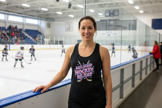 Eat Sleep Hockey Repeat Retro Tank Top for Women β Cute Pink Hockey Lover Sports Design Black - FRONT