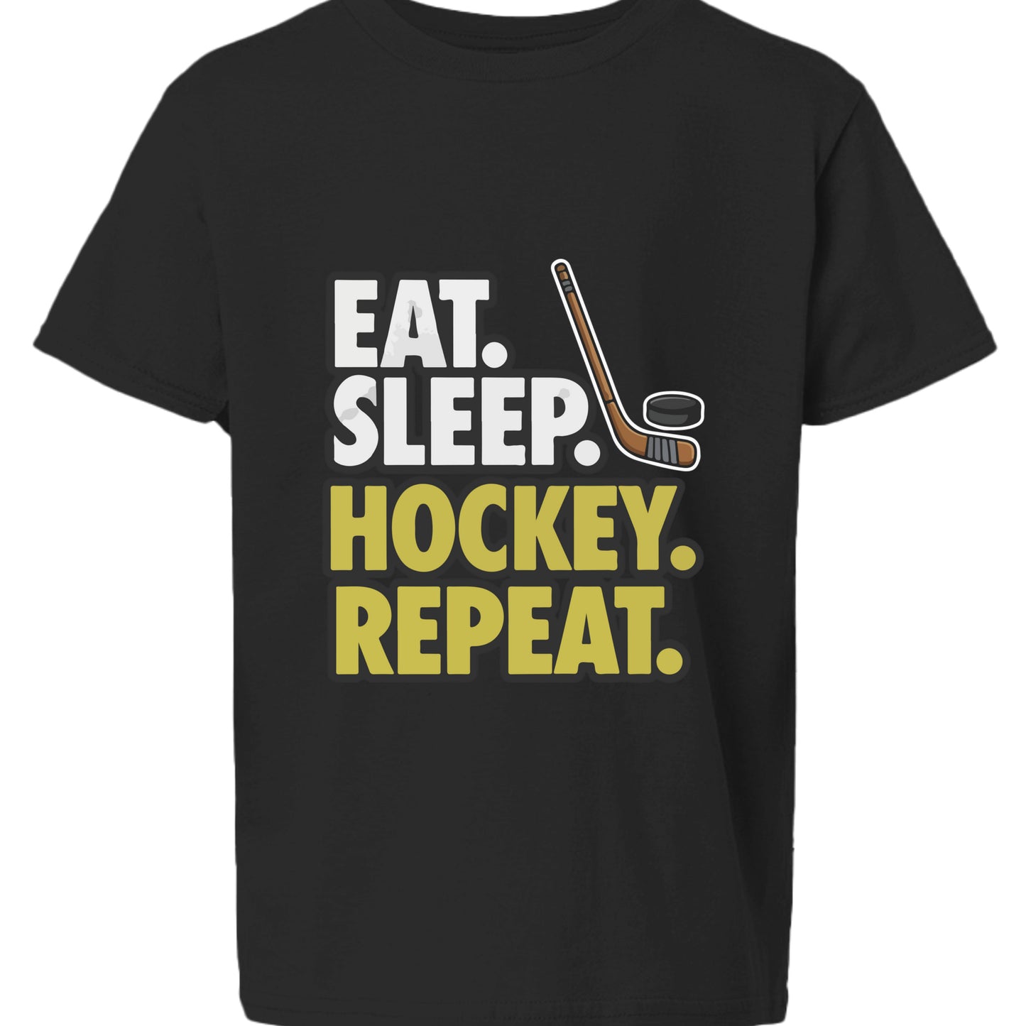 Eat Sleep Hockey Repeat Youth Funny Sports Motivation T-Shirt for Kids Athletes Black - G640B - FRONT