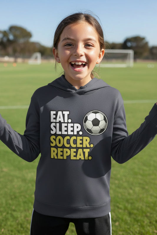 Eat Sleep Soccer Repeat Youth Funny Sports Motivation Hoodie for Kids Athletes True Navy - YST358 - FRONT