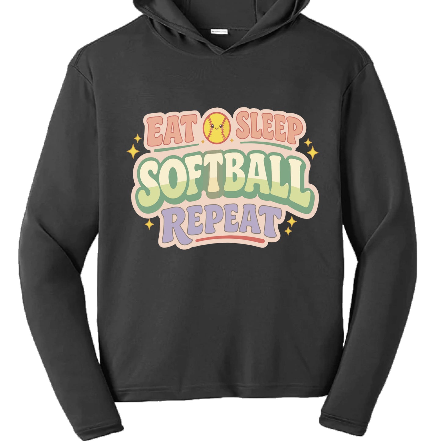 Eat Sleep Softball Repeat Cute Pastel Athletic Graphic Hoodie Black- FRONT
