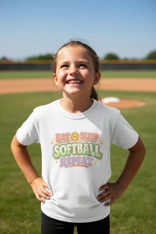 Eat Sleep Softball Repeat Cute Pastel Athletic Graphic T-Shirt WHITE - FRONT