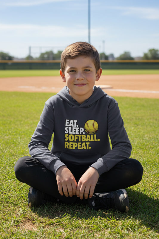 Eat Sleep Softball Repeat Youth Funny Sports Motivation Hoodie for Kids Athletes True Navy - YST358 - FRONT