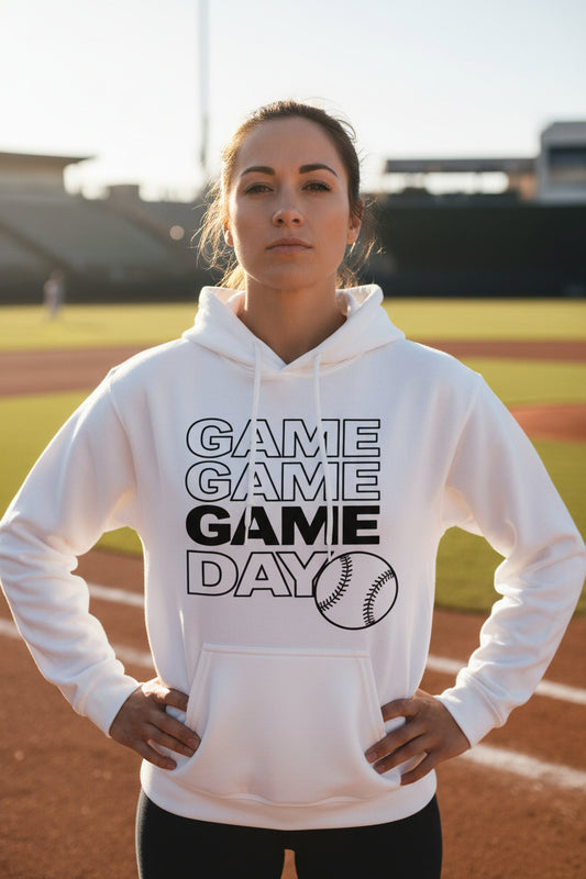 Game Game Day Baseball Ladies Hoodie Bold Sports Fan Graphic WHITE - SF500 - FRONT