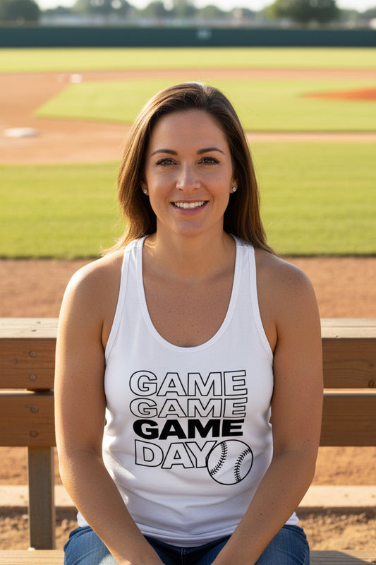 Game Game Day Baseball Ladies Tank Top Bold Sports Fan Graphic White - N1533 - FRONT