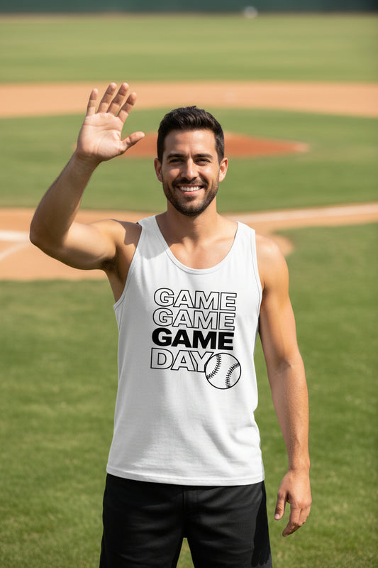 Game Game Day Baseball Mens Tank Top Bold Sports Fan Graphic WHITE - 3480 - FRONT