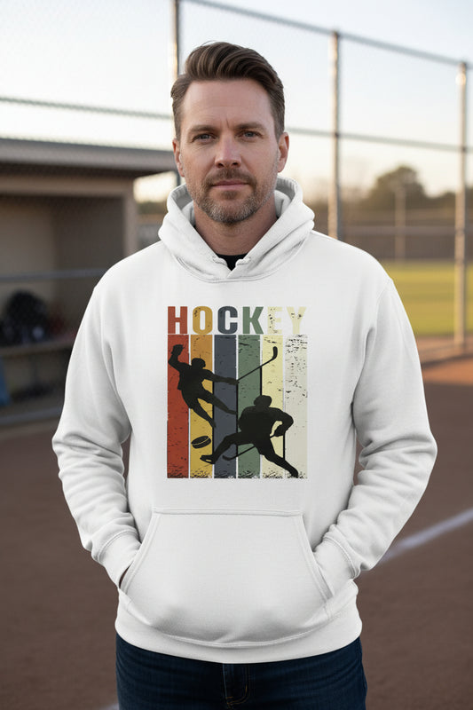 Hockey Dad Athletic Pride Retro Color Stripe Hoodie Design WHITE - FRONT