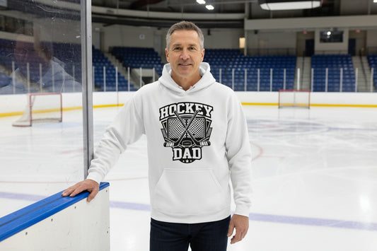 Hockey Dad Hoodie Graphic Design β Monochrome Sports-Inspired Artwork WHITE - FRONT
