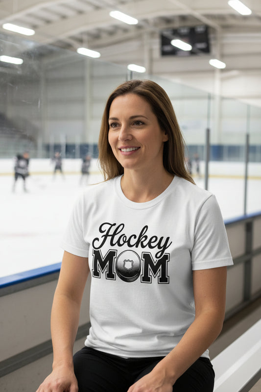 Hockey Mom Script Design with Ball Graphic β Game Day Spirit Style T-Shirt WHITE - FRONT