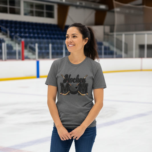 Hockey Mom T-Shirt with Heart Ball – Game Day Spirit Style DRK GREY HEATHER - 6004 - FRONT