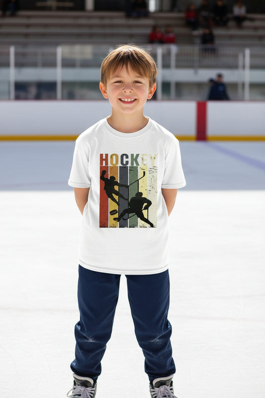 Hockey Player Retro Sunset T-Shirt for Boys Touchdown Athlete Vintage Style WHITE - G640B - FRONT