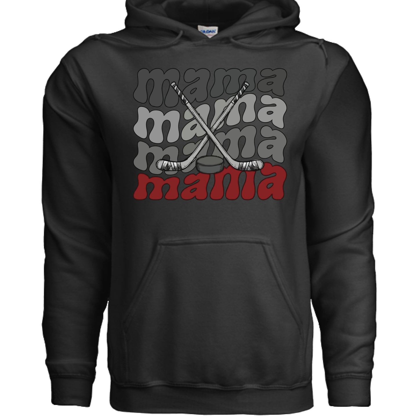 Mama Mama Mama Hockey Hoodie with Crossed Hockey Sticks Design BLACK- FRONT