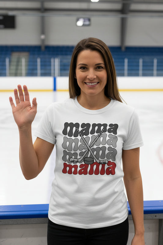 Mama Mama Mama Hockey T-Shirt with Crossed Hockey Sticks Design WHITE - FRONT