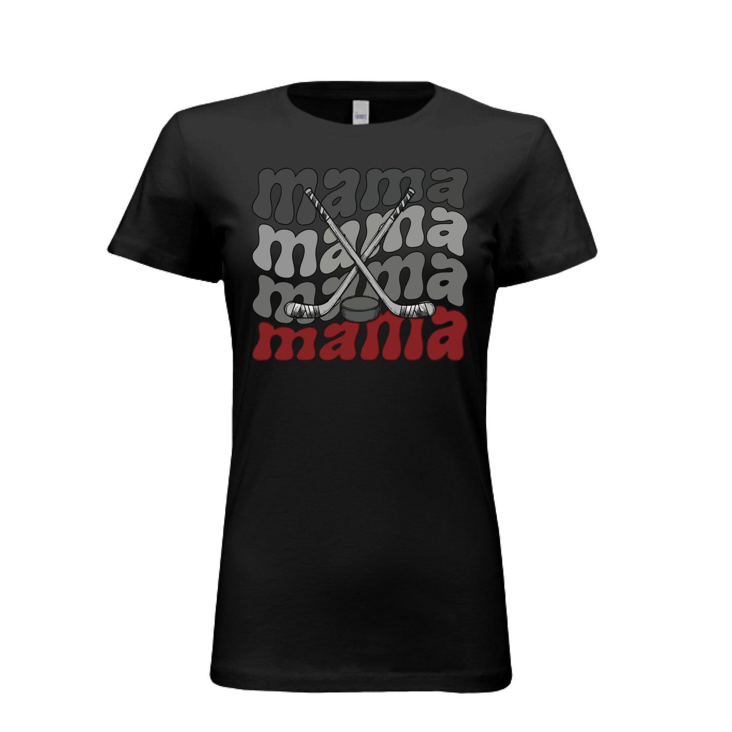 Mama Mama Mama Hockey T-Shirt with Crossed Hockey Sticks Design BLACK- FRONT