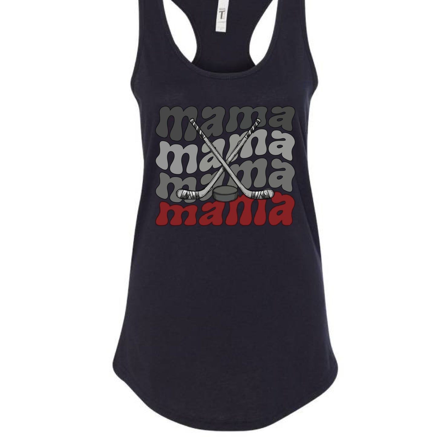 Mama Mama Mama Hockey Tank Top with Crossed Hockey Sticks Design BLACK- FRONT