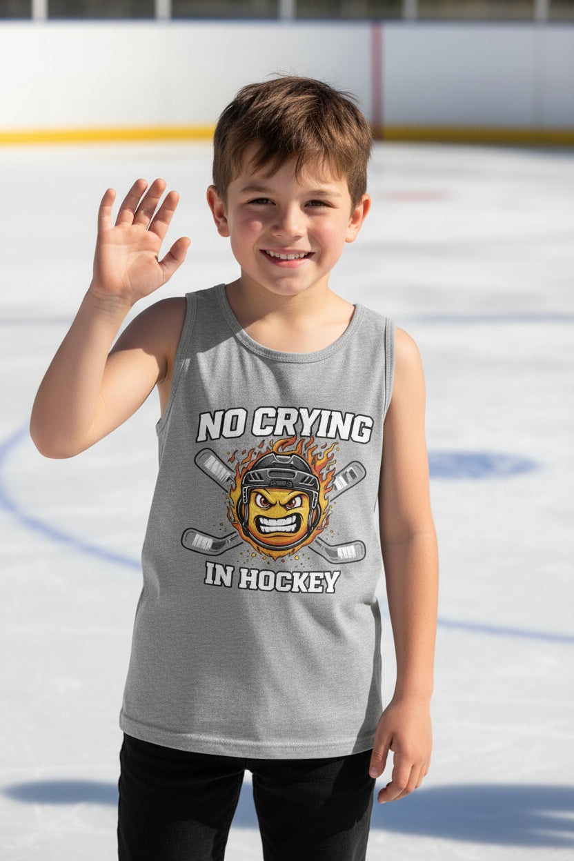 No Crying in Hockey Funny Flame Skull Sports Tank Top ATHLETIC HEATHER - FRONT