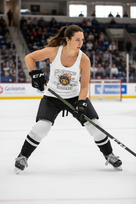 No Crying in Hockey Player Funny Tanktop for Ladies White - FRONT