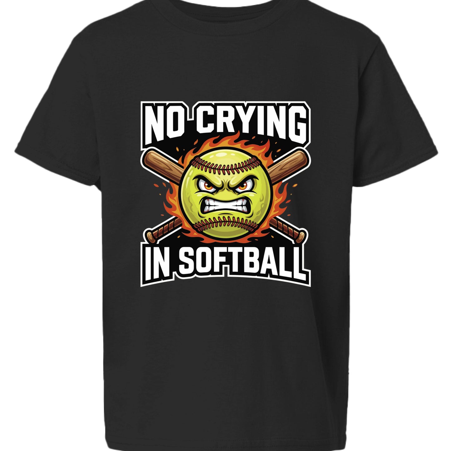 No Crying in Softball Funny Flame Skull Sports T-Shirt Black-FRONT