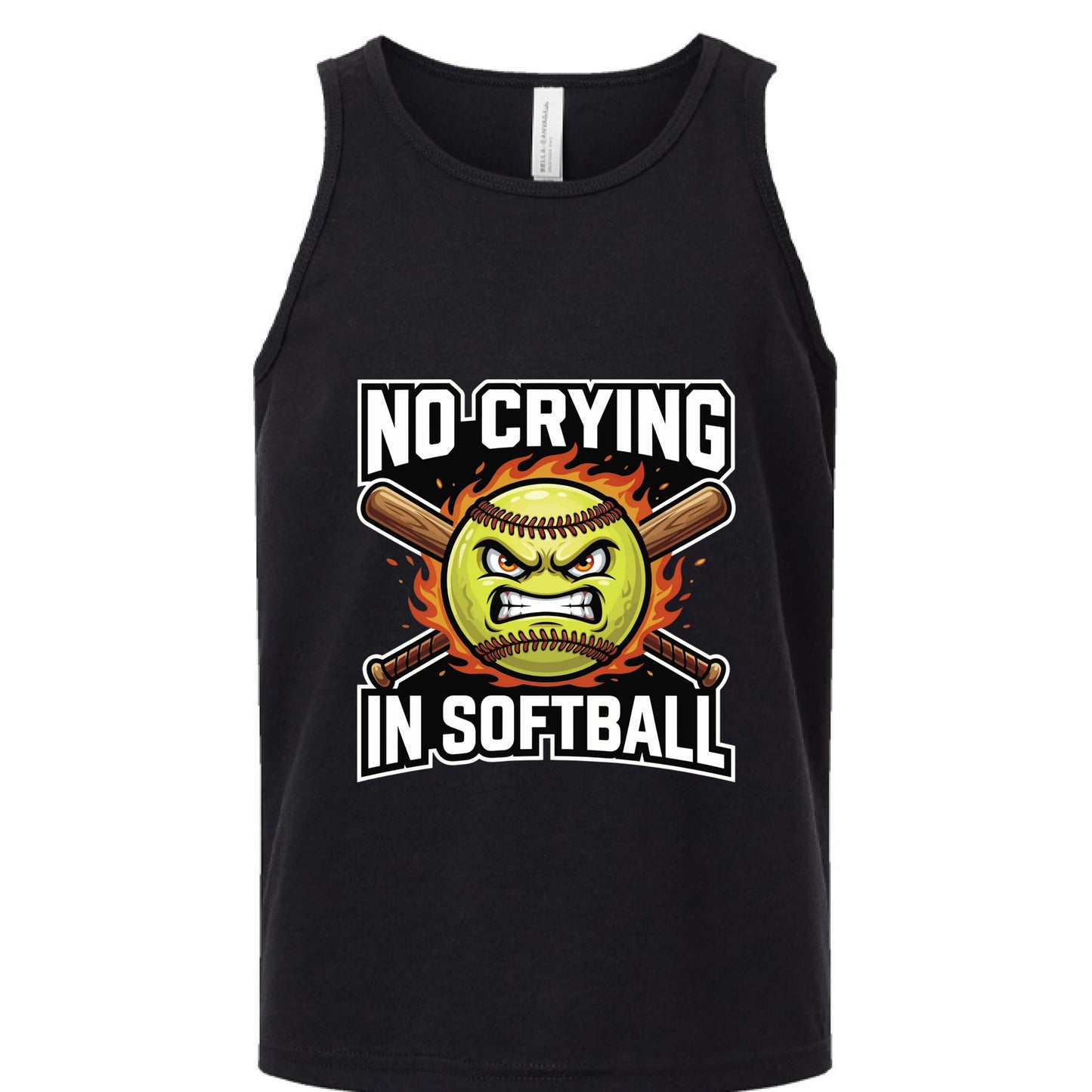 No Crying in Softball Funny Flame Skull Sports Tank Top Solid Black Triblend - FRONT