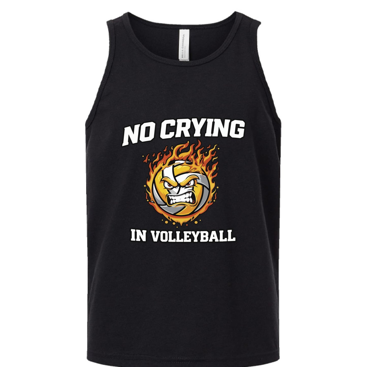 No Crying in Volleyball Funny Flame Skull Sports Tank Top Solid Black Triblend - FRONT