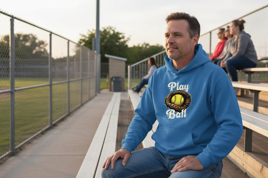 Play Ball Illustration Hoodie for Men β Timeless Softball Inspired Artwork Royal - FRONT