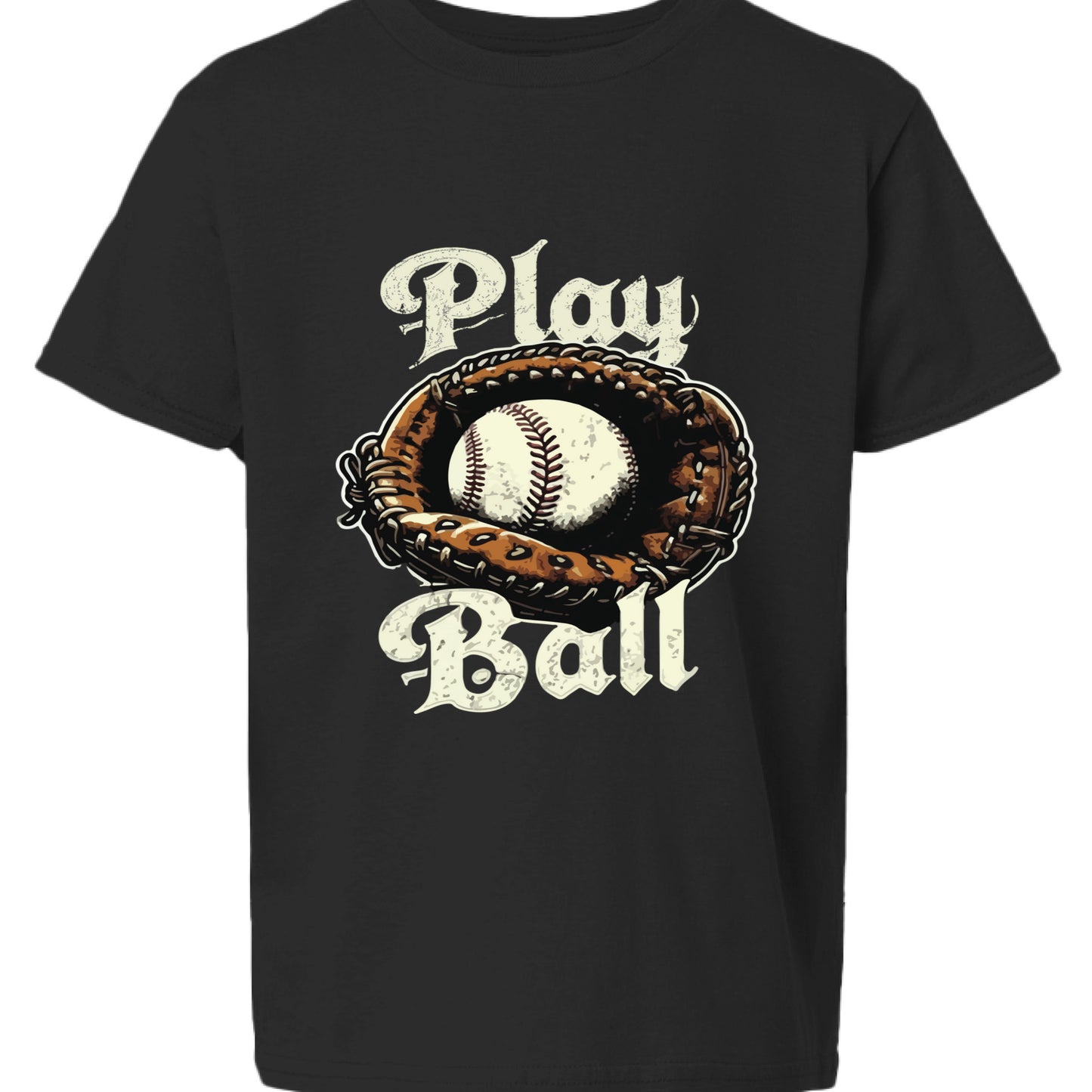 Play Ball Vintage Baseball Glove and Ball - Retro Sports Spirit T-Shirt Design Black- FRONT