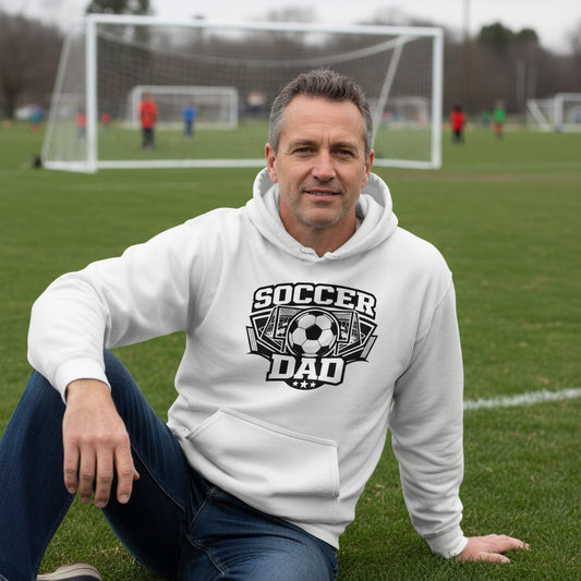 Proud Soccer Dad Retro Sports Hoodie Design – Game Day Football Fan Style WHITE - FRONT