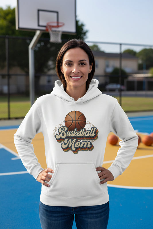 Retro Basketball Mom Hoodieβ Vintage Sports Parent Pride WHITE - FRONT