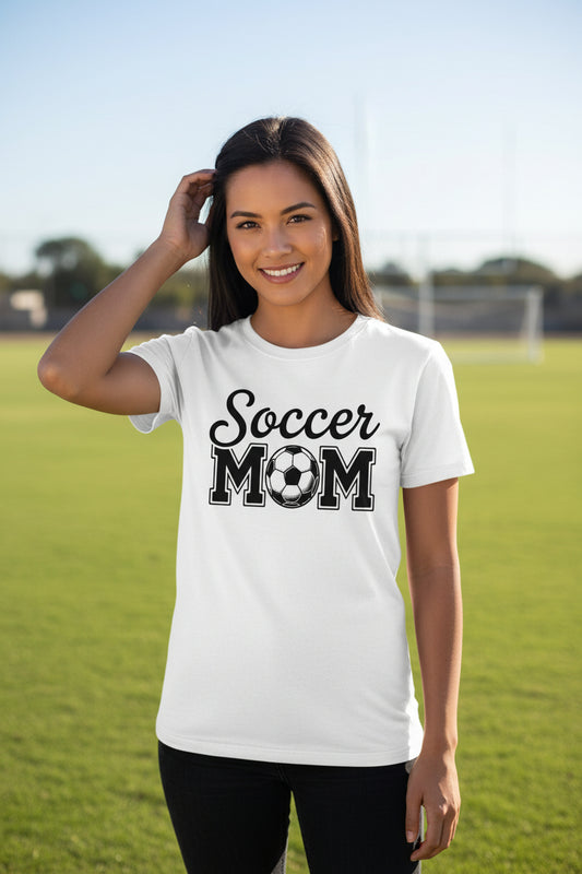 Soccer Mom Script Design with Ball Graphic – Game Day Spirit Style T-Shirt WHITE - FRONT