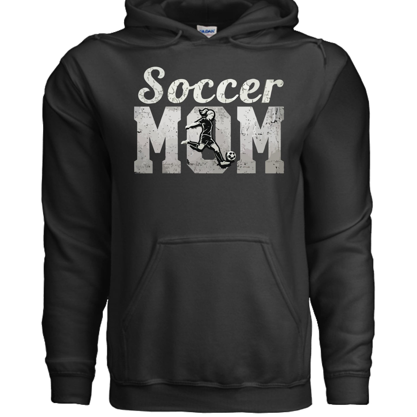 Soccer Mom Vintage Hoodie Design with Girl Player Silhouette Action Graphic BLACK- FRONT
