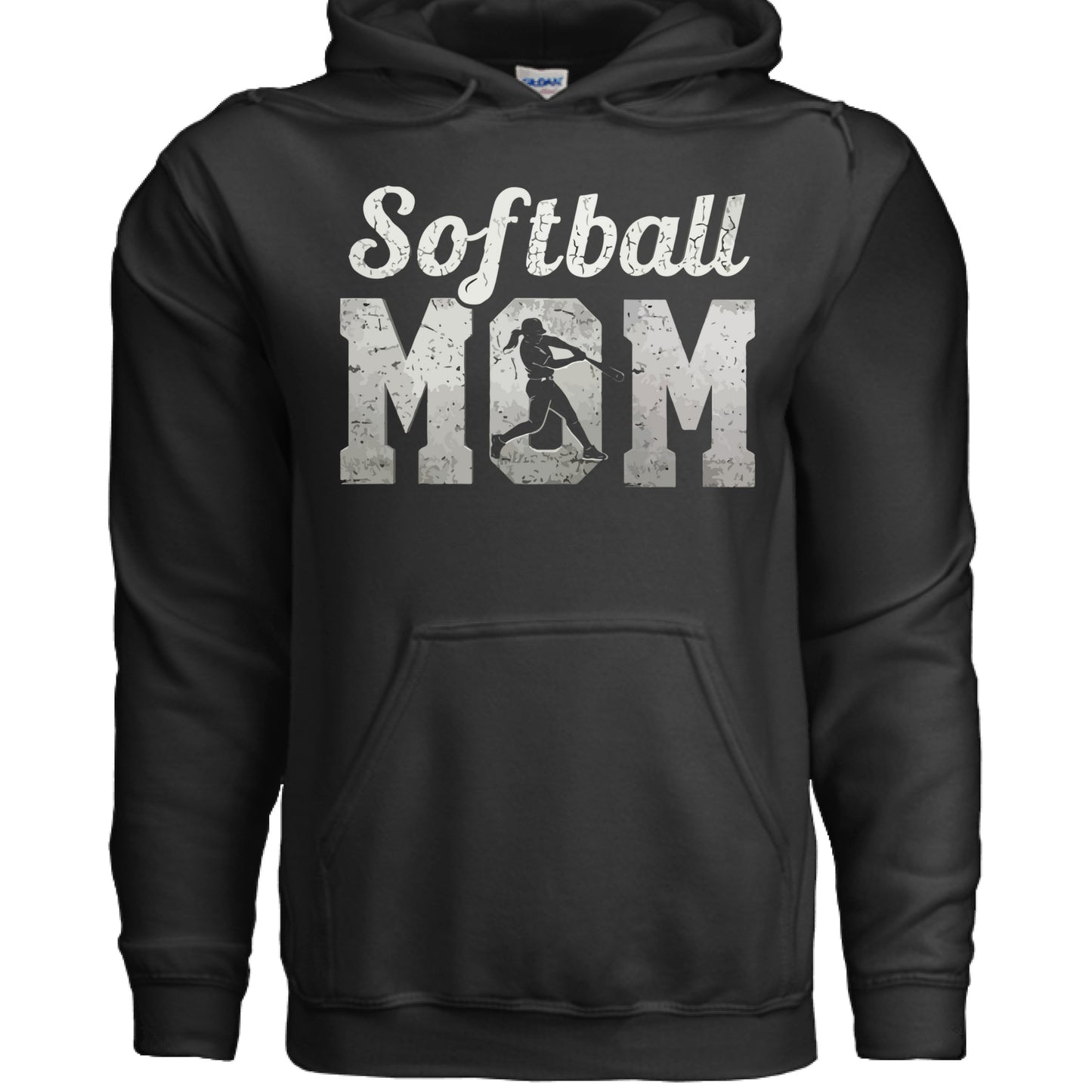 Softball Mom Vintage Hoodie Design with Batter Silhouette Action Graphic BLACK- FRONT