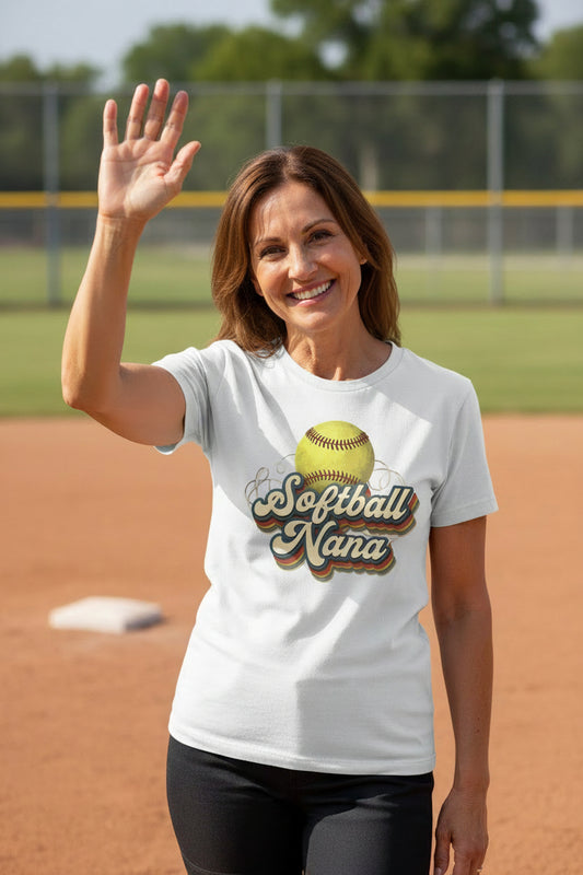 Softball Nana Groovy Retro Sports Family Fan T-Shirt WHITE - 6004 - FRONT