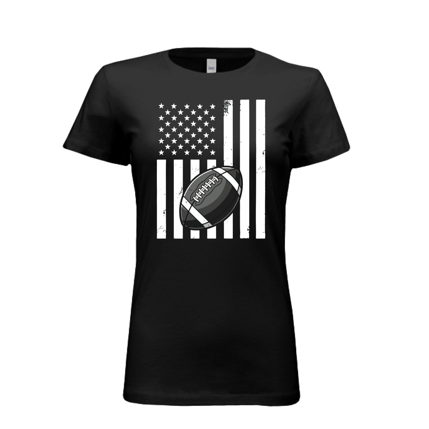 USA Football Flag Design - Patriotic Athlete & Football Lover Ladies T-Shirt BLACK - FRONT