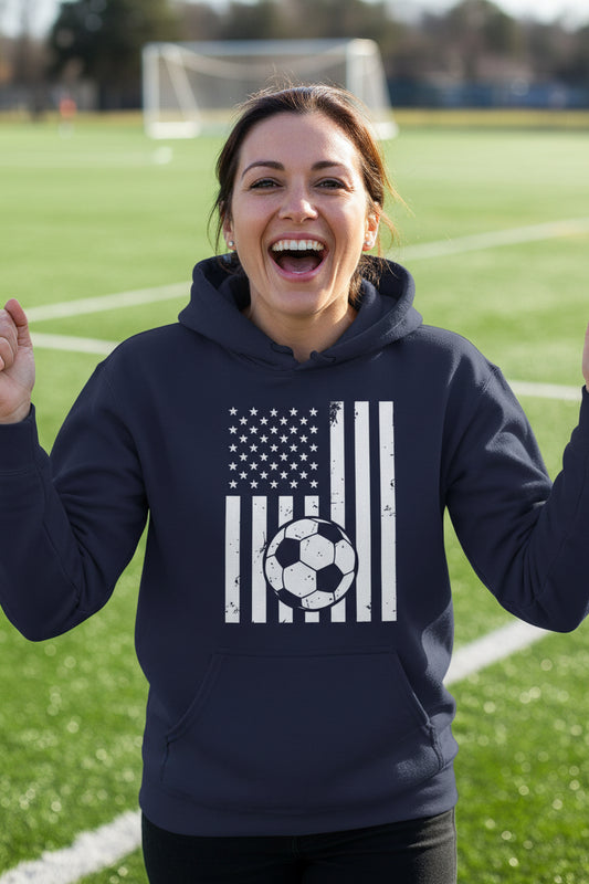 USA Soccer Flag Design - Patriotic Athlete & Soccer Lover Hoodie for Women NAVY - FRONT