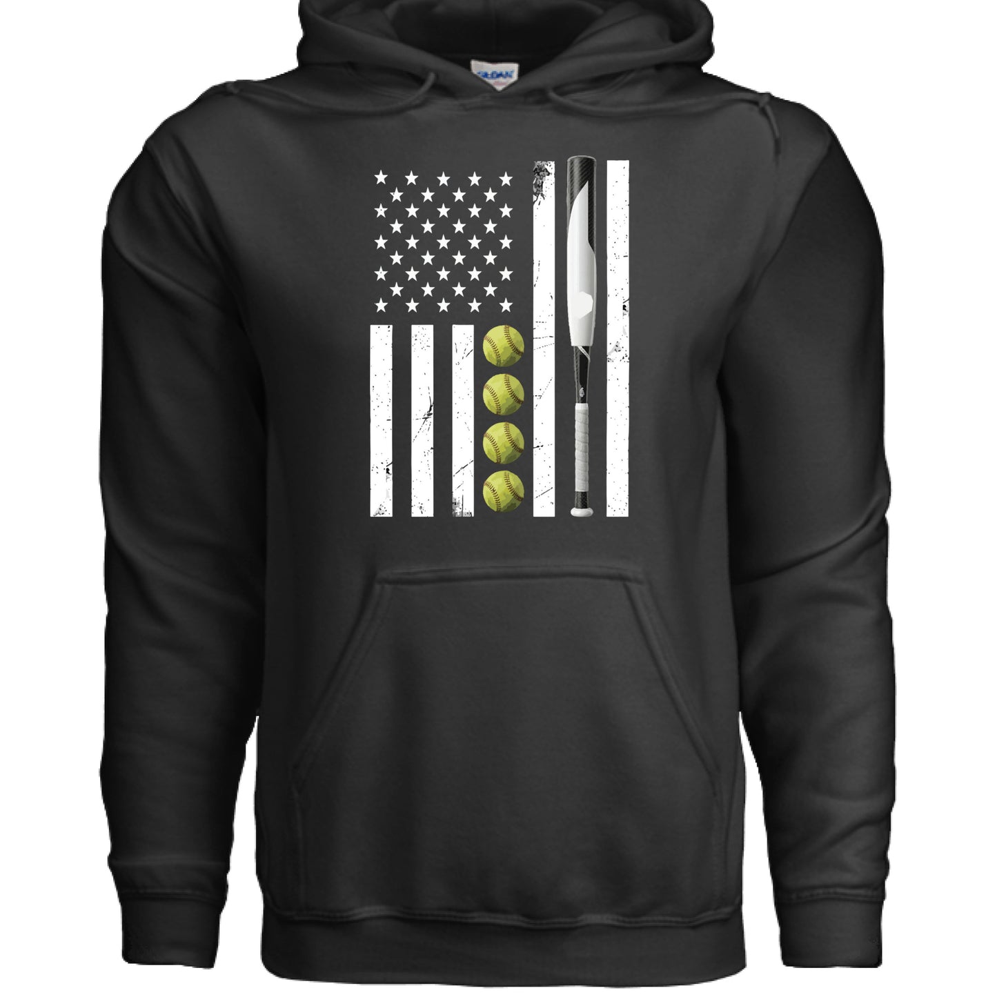 USA Softball Flag Design - Patriotic Athlete & Softball Lover Hoodie for Men BLACK - FRONT