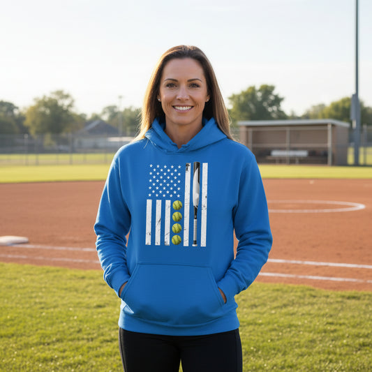 USA Softball Flag Design - Patriotic Athlete & Softball Lover Hoodie for Women Royal - FRONT