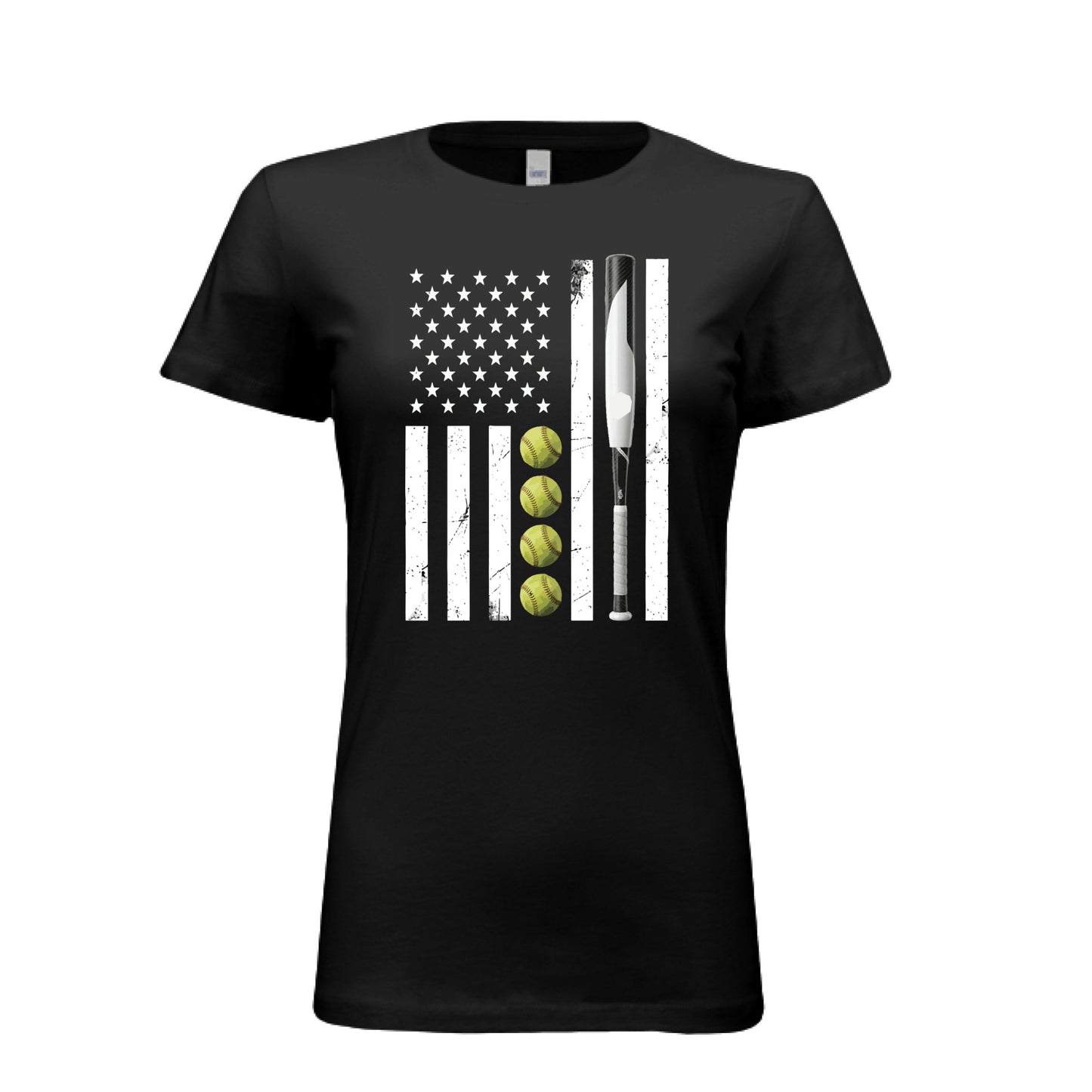 USA Softball Flag Design - Patriotic Athlete & Softball Lover T-Shirt for Women BLACK - FRONT