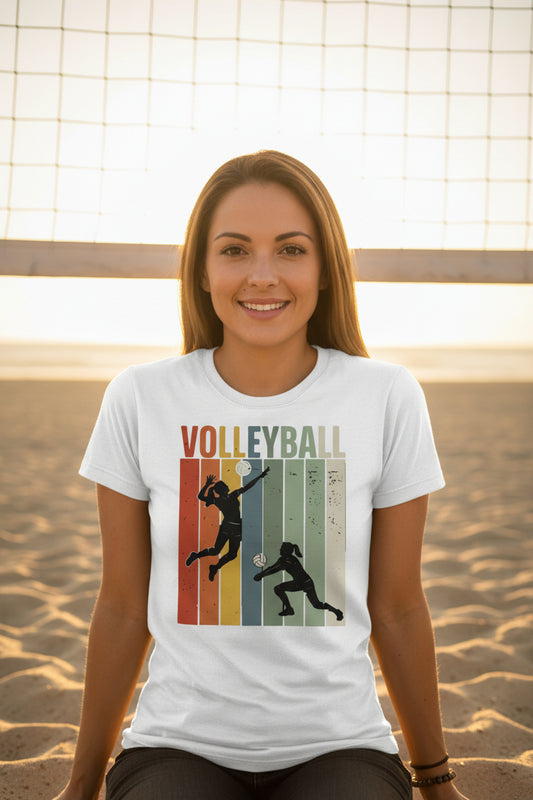 Volleyball Mom Athletic Pride Retro Color Stripe T-Shirt Design WHITE - FRONT